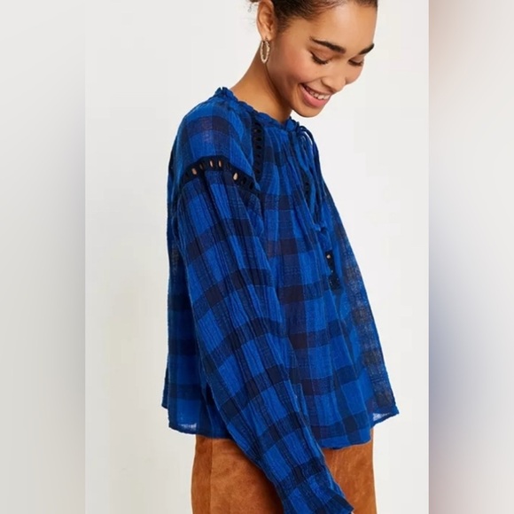Free people Blue Plaid Peasant Blouse small - Picture 4 of 5